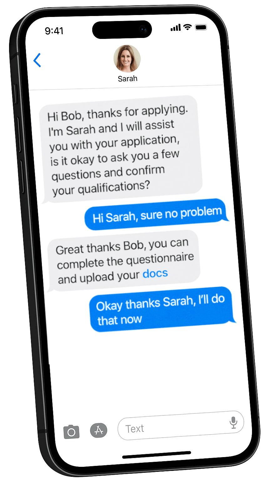 Phone showing conversation with applicant