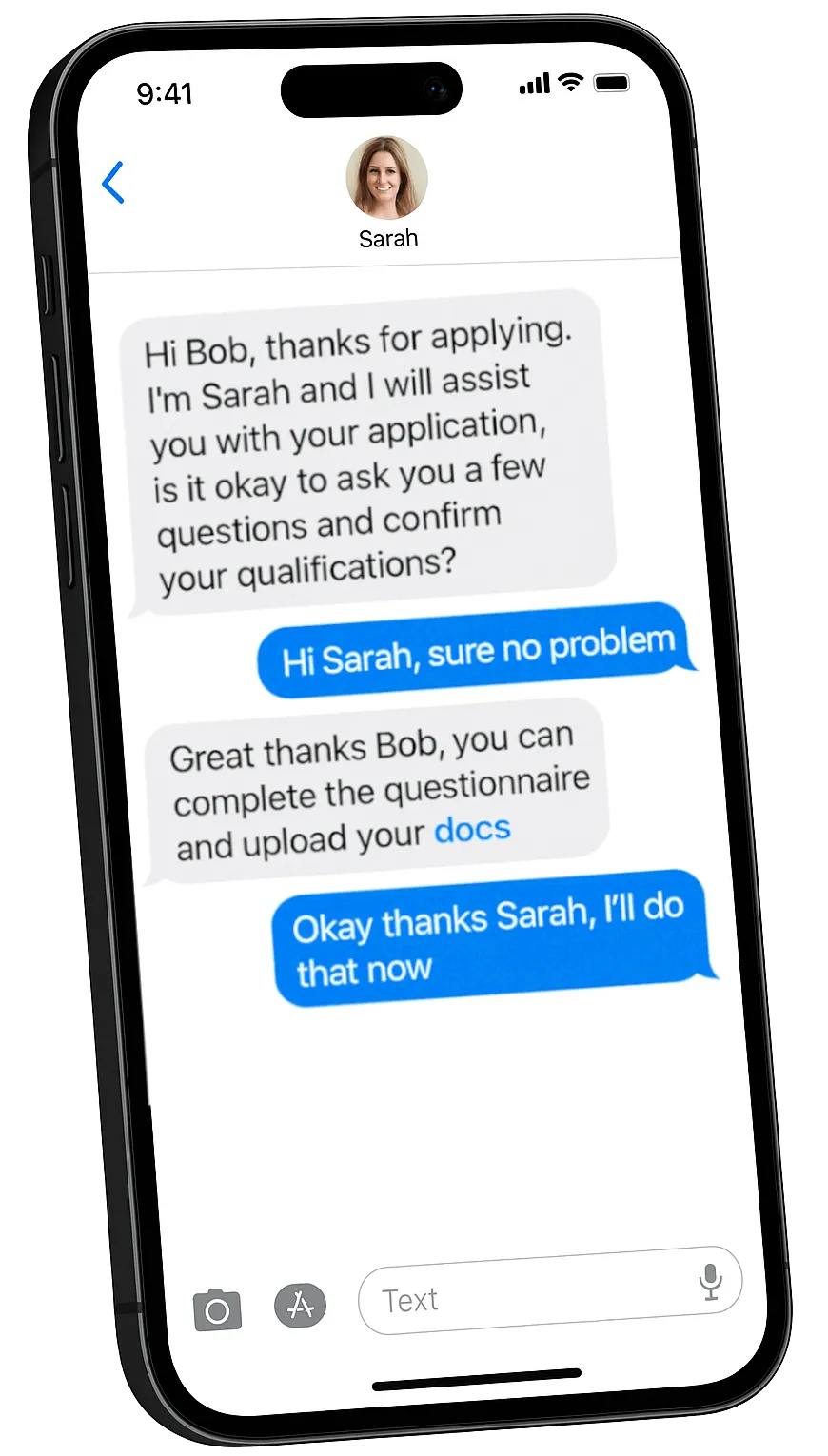 Phone showing conversation with applicant