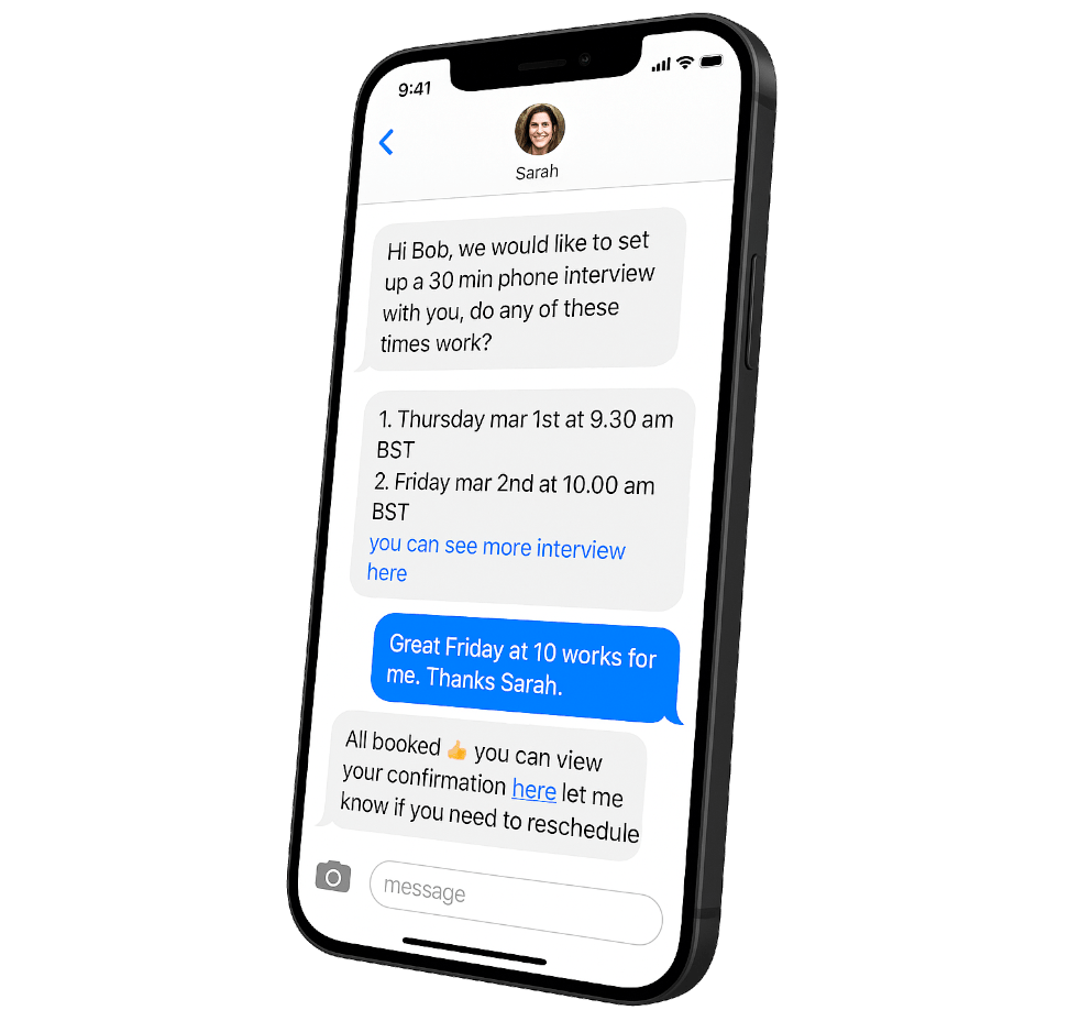 Phone showing interview scheduling conversation